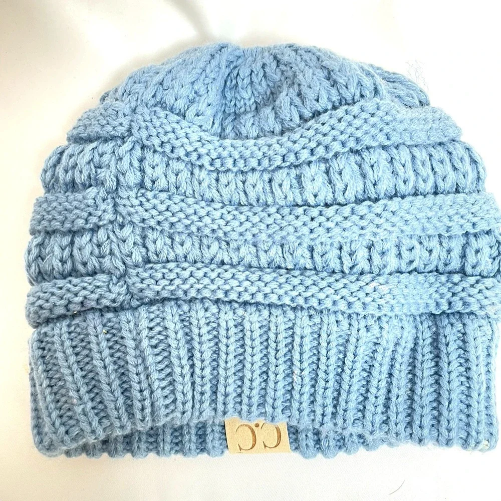 C.C. Kids BeanieTail Soft Stretch CC Cable Knit Beanie High Bun Ponytail Hat Cap